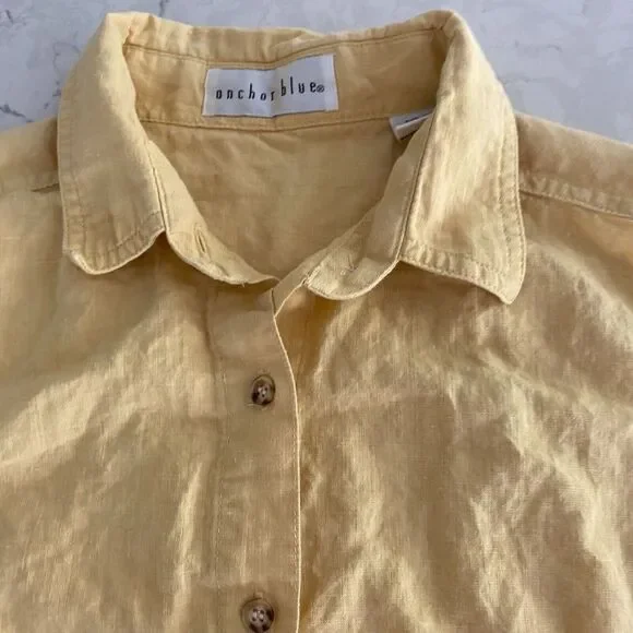 Anchor Blue Shirt Top Womens Large Yellow Sleeveless Linen Classic Button-Up - Picture 2 of 7